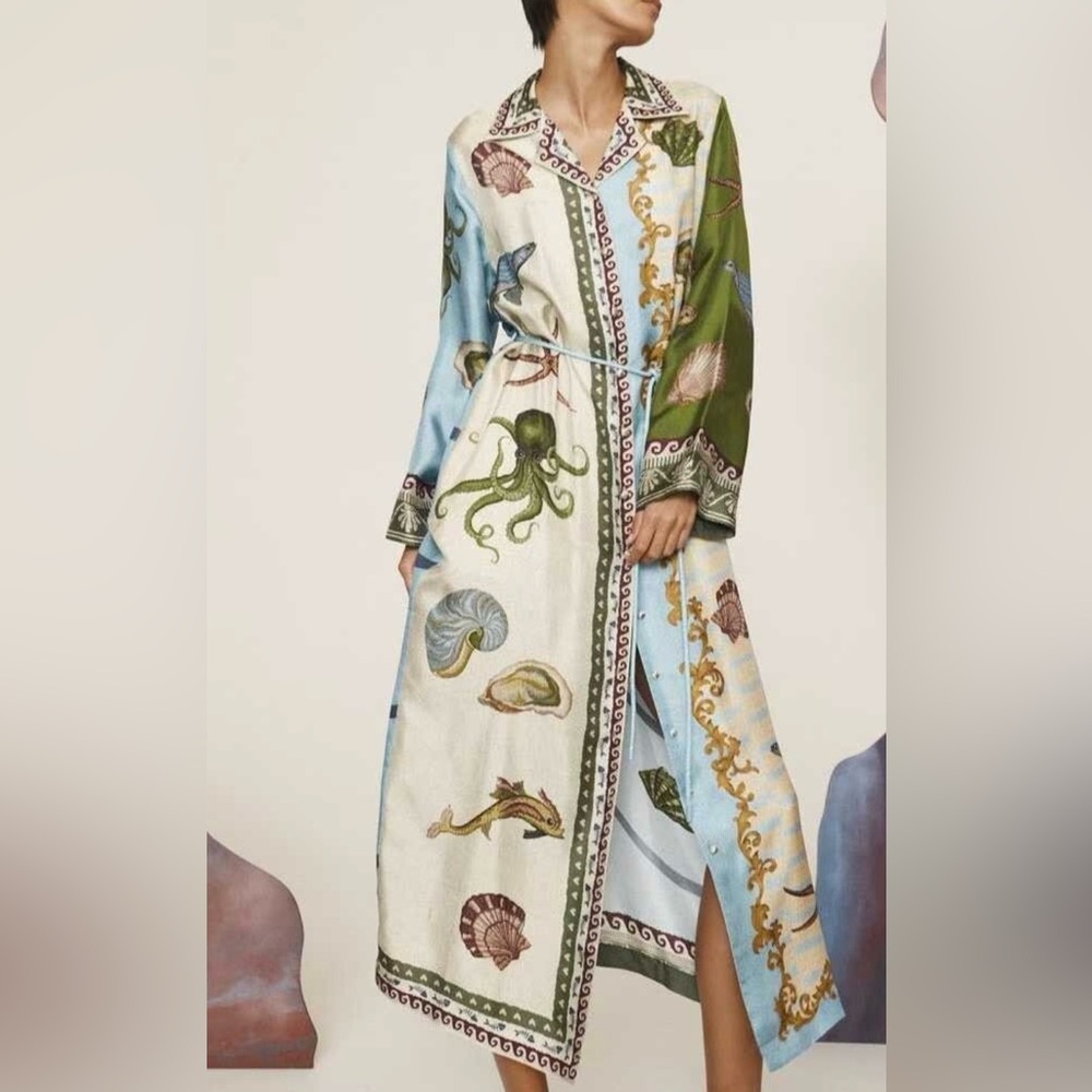 Sea Life Print Midi Shirt Dress in Cream, Light Blue & Olive (Alemais-inspired)